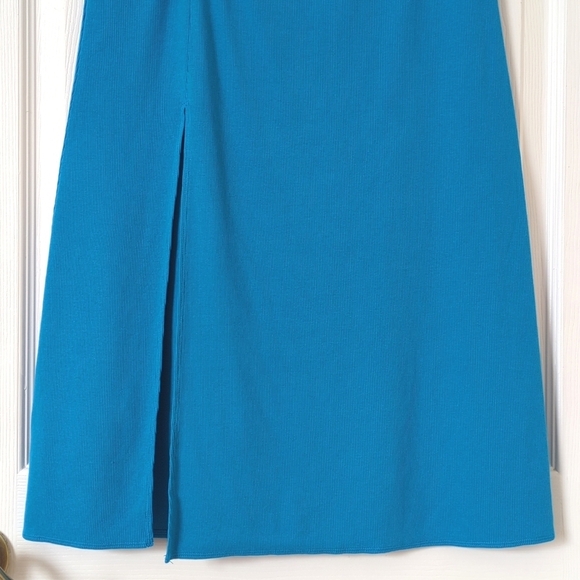 Aerie Beachwalk Ribbed Knit High Waisted Ruched Side Slit Midi Skirt Blue Small - Picture 7 of 11